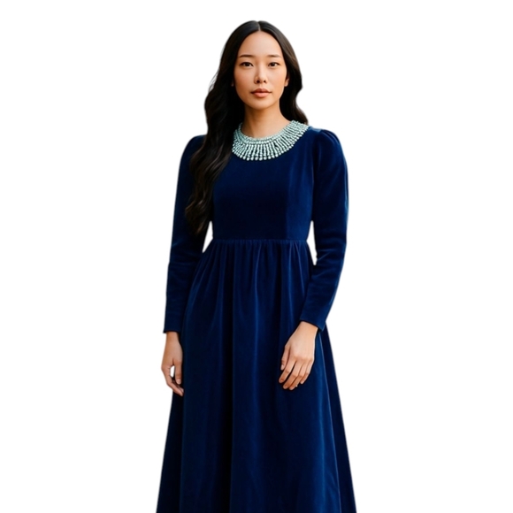 Vtg Lanz Blue Velvet Long Column Midi Dress Removable White Crochet Collar Sz XS - Picture 10 of 11